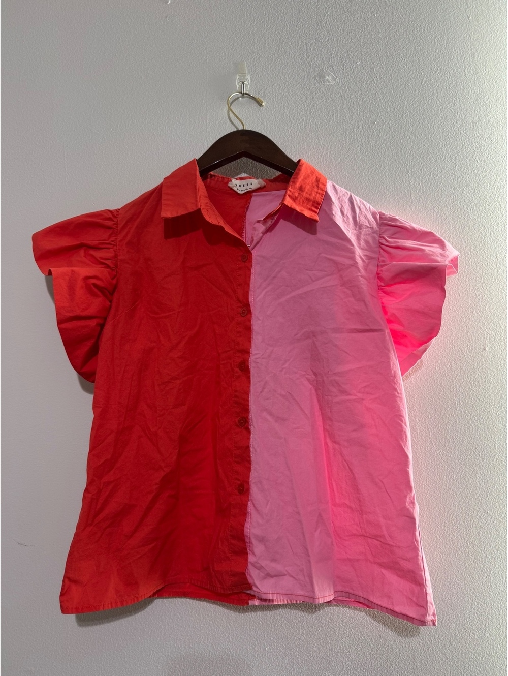 Dress Up Colorblock Button-Up Blouse with Ruffled Sleeves
